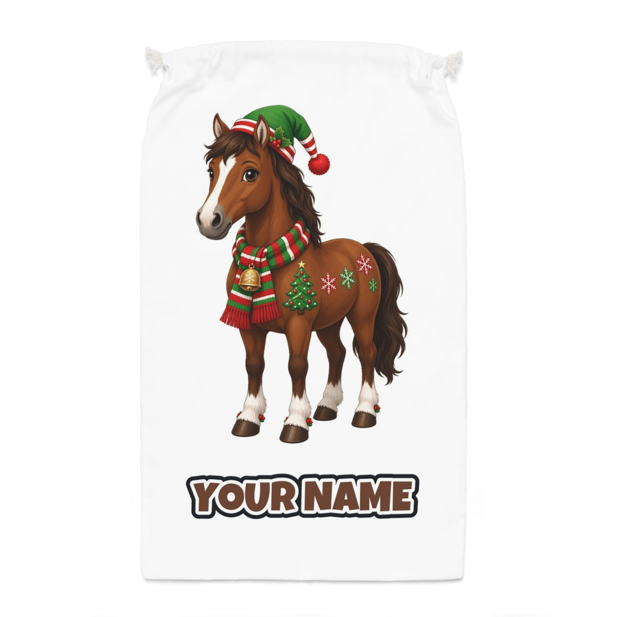 Christmas Pony in Scarf Santa sack laid flat, showing the full print