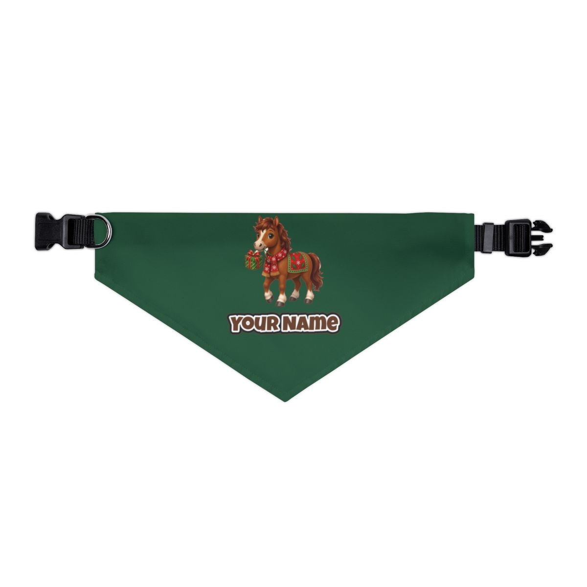Christmas Pony with Present personalised Christmas pet bandana in green, collar with buckle