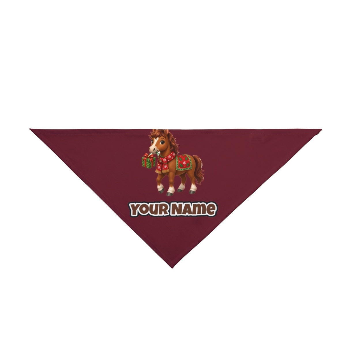 Christmas Pony with Present personalised Christmas pet bandana in maroon, tie-on style