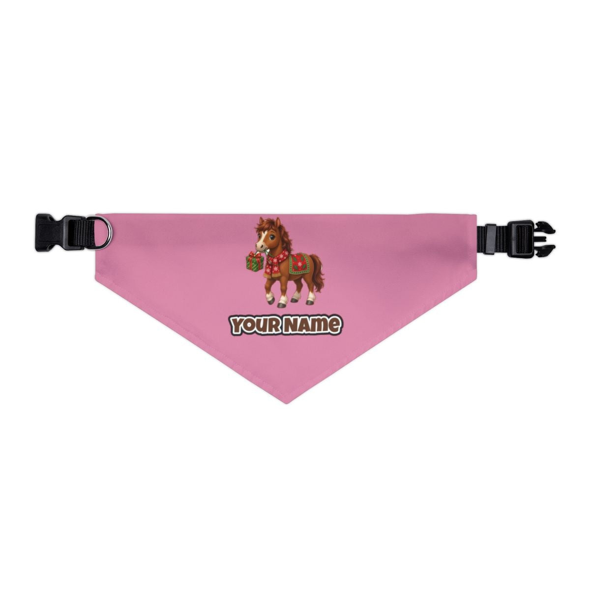 Christmas Pony with Present personalised Christmas pet bandana in pink, collar with buckle
