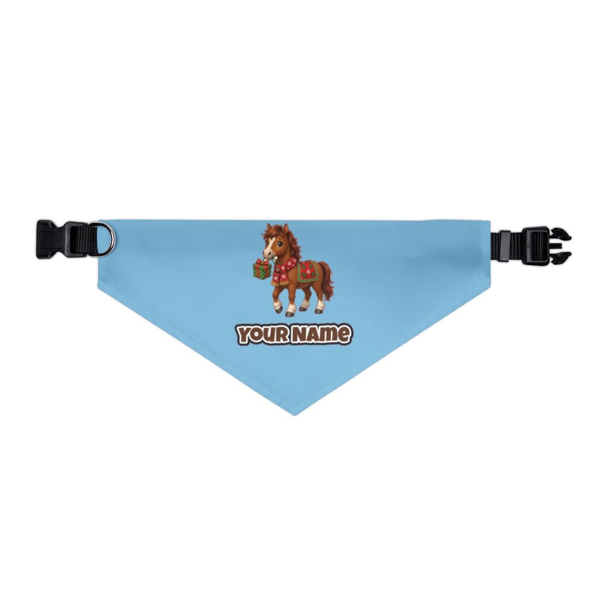 Christmas Pony with Present personalised Christmas pet bandana in sky blue, collar with buckle