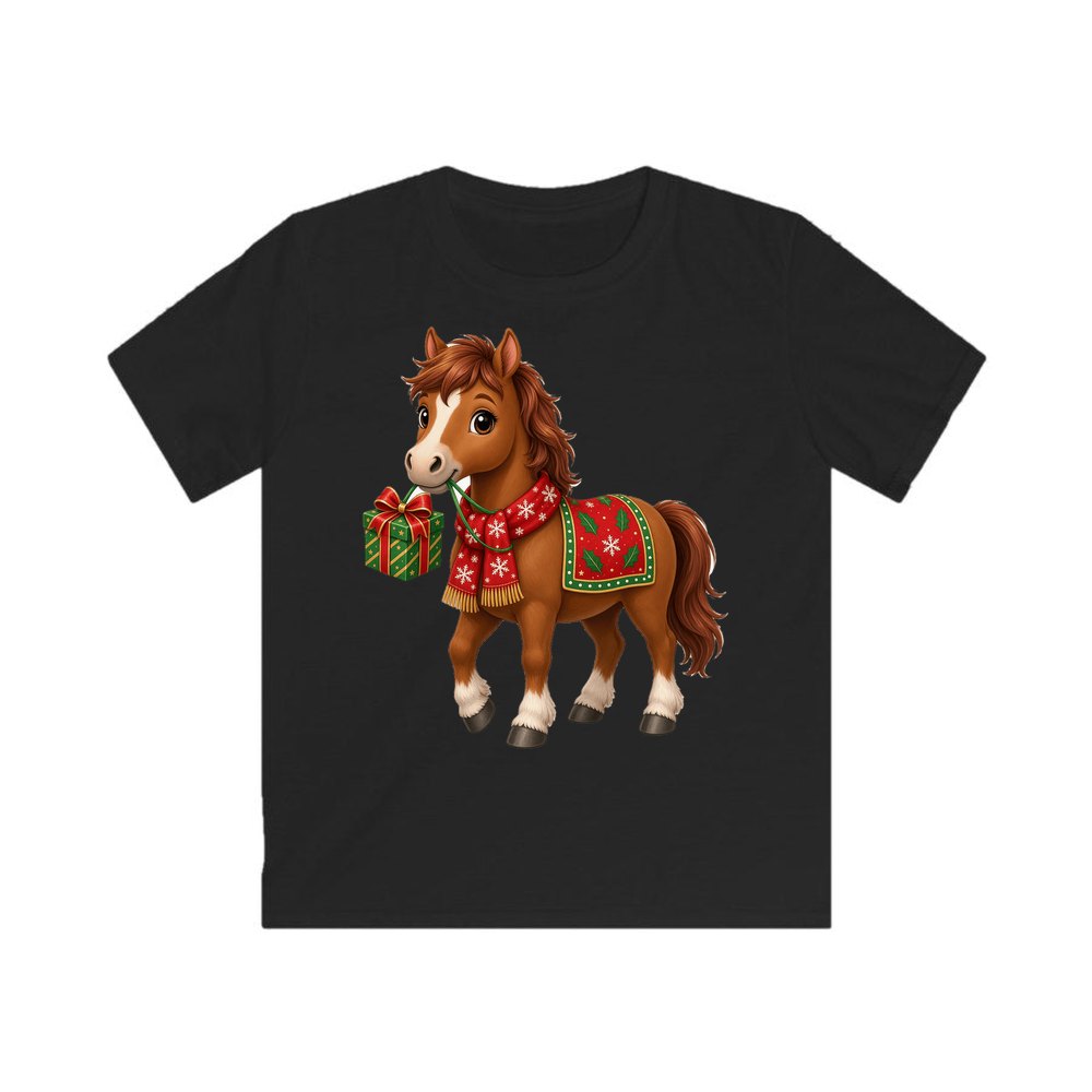 Christmas Pony with Present personalised kids Christmas tee in black