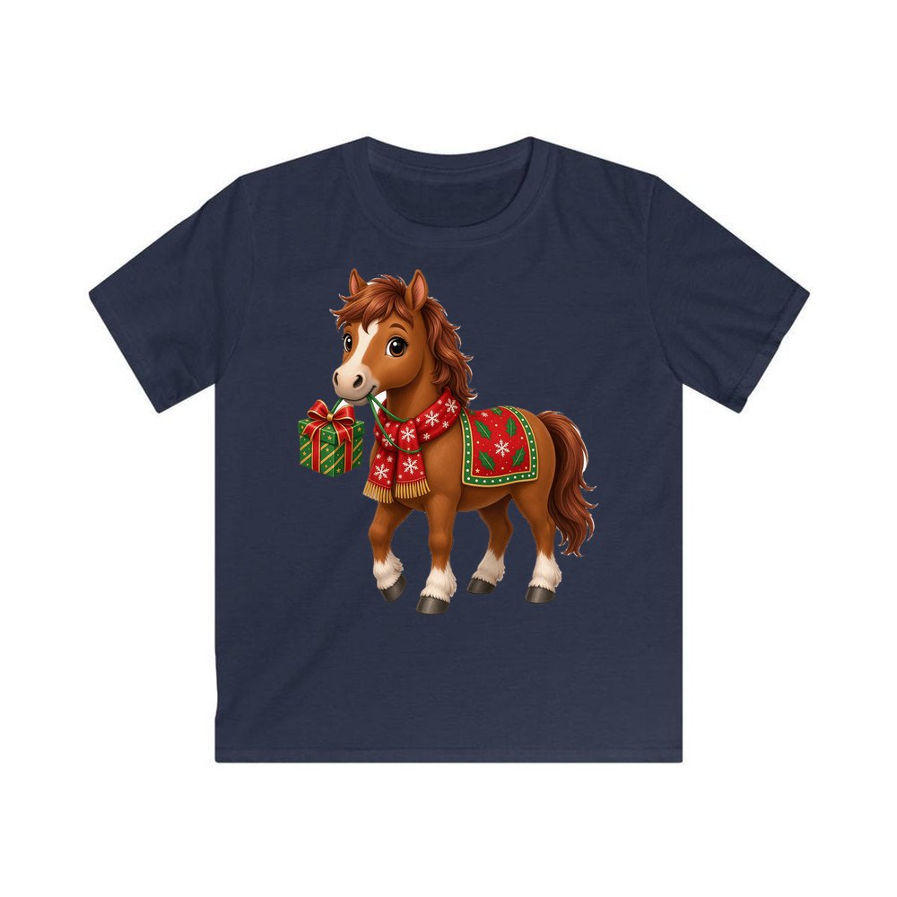 Christmas Pony with Present personalised kids Christmas tee in navy