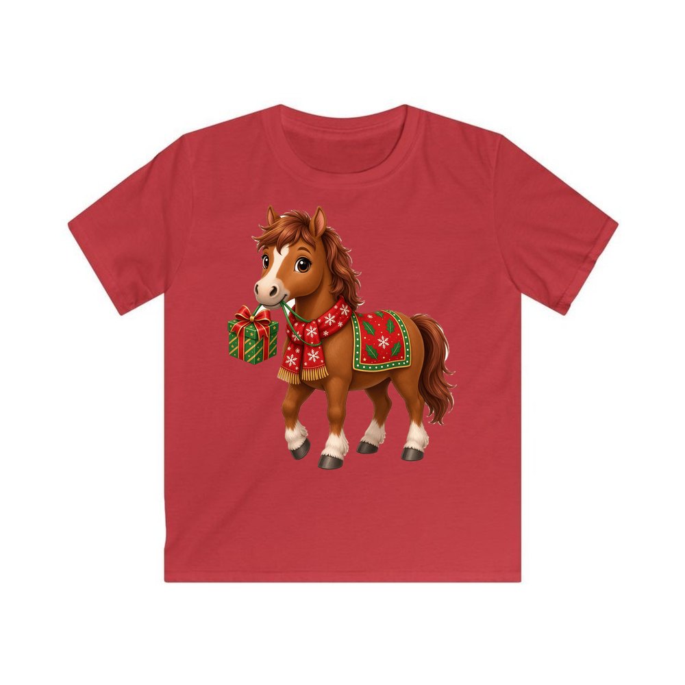 Christmas Pony with Present personalised kids Christmas tee in red