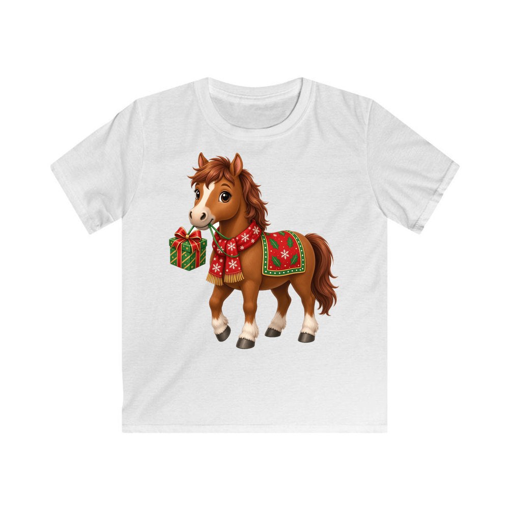 Christmas Pony with Present personalised kids Christmas tee in white