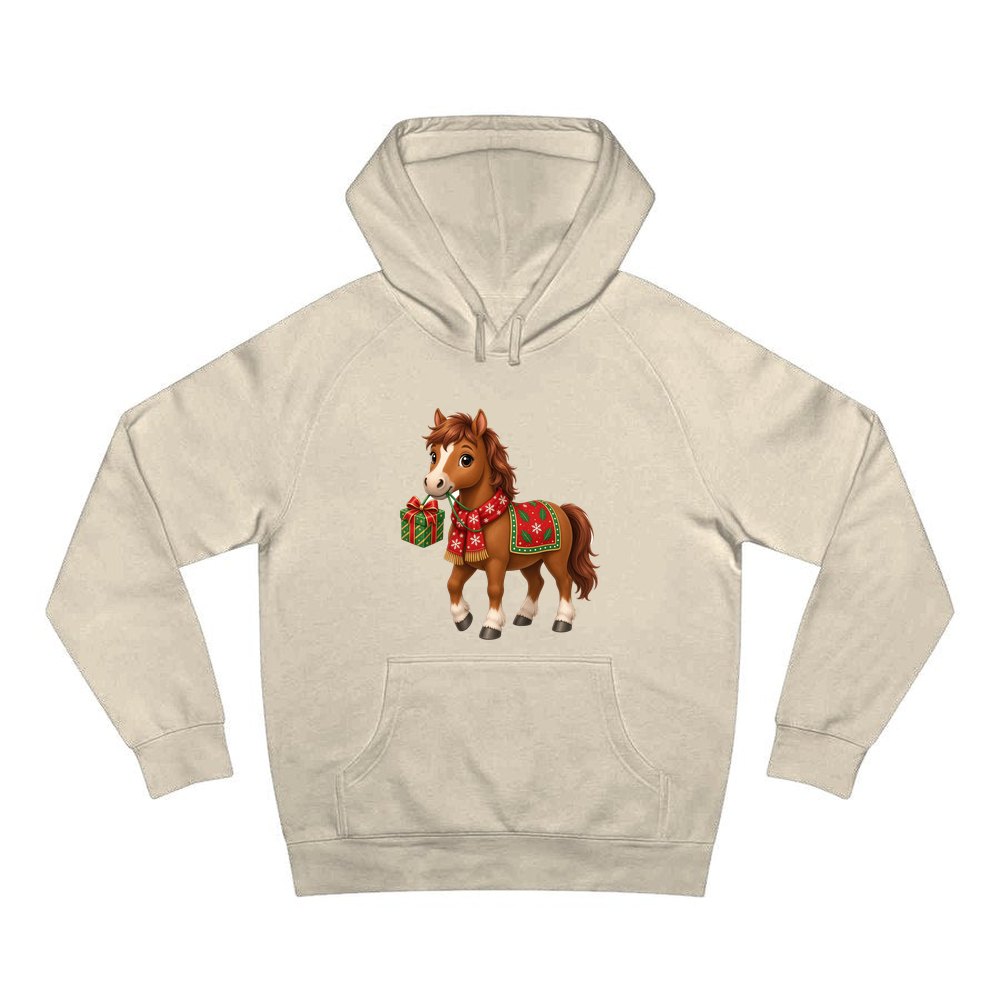 Christmas Pony with Present personalised Christmas hoodie in sand