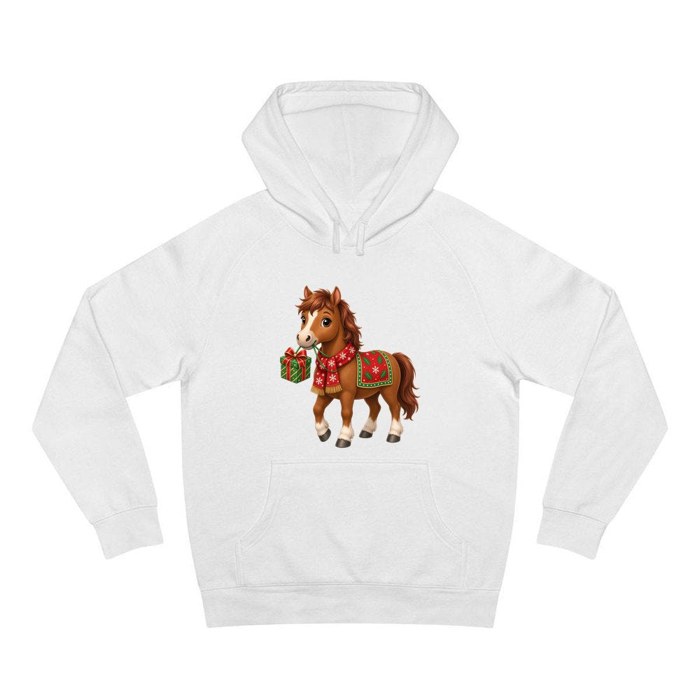 Christmas Pony with Present personalised Christmas hoodie in white