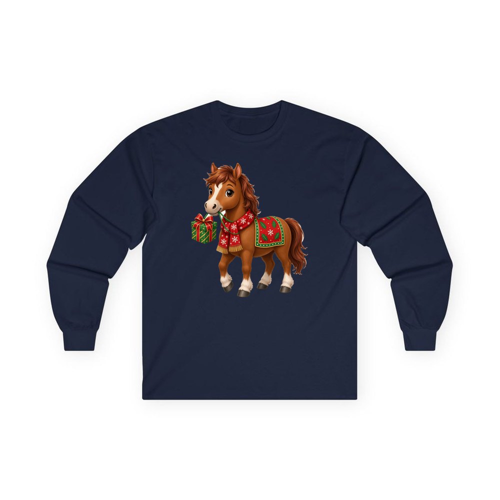Christmas Pony with Present personalised long sleeve Christmas T-shirt in navy
