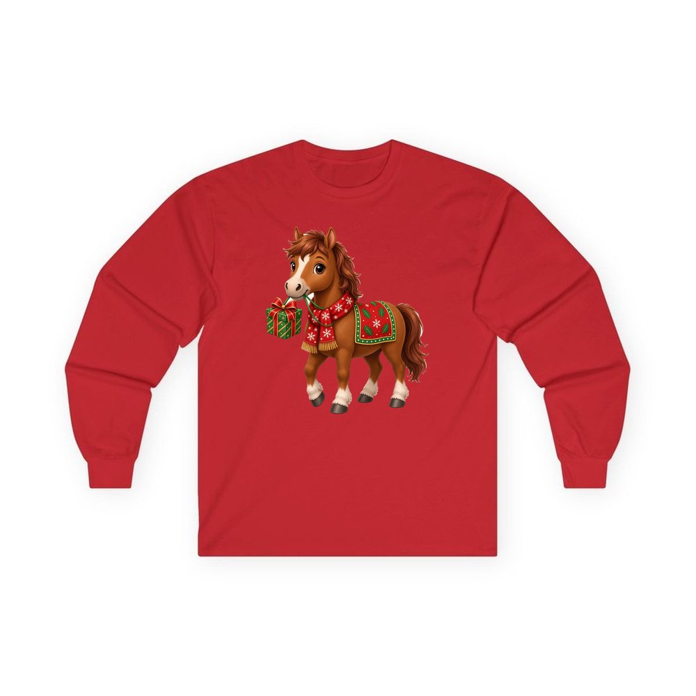 Christmas Pony with Present personalised long sleeve Christmas T-shirt in red