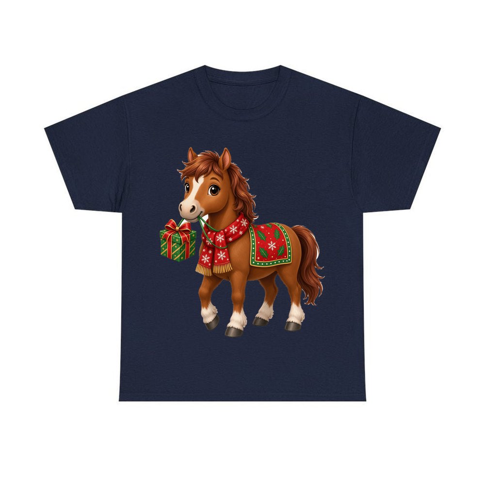 Christmas Pony with Present personalised Christmas T-shirt in navy