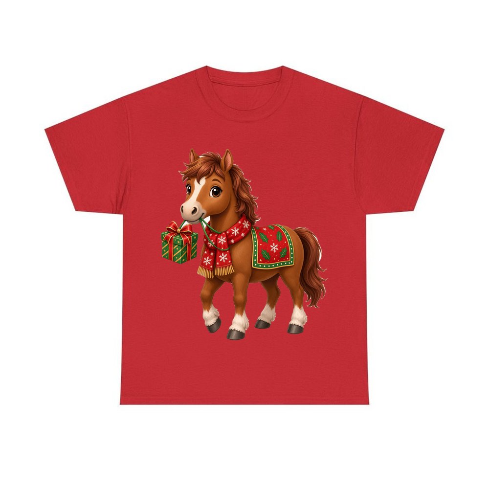 Christmas Pony with Present personalised Christmas T-shirt in red