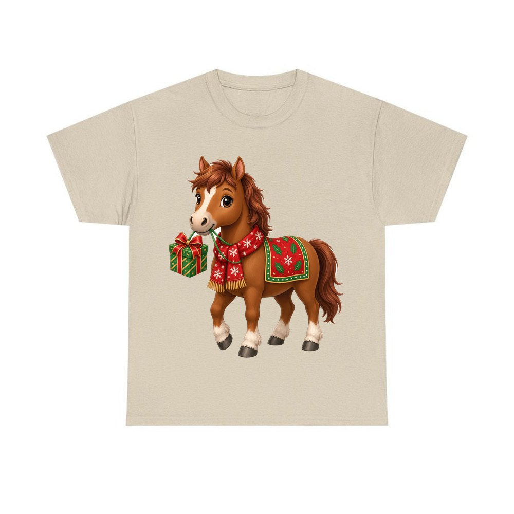 Christmas Pony with Present personalised Christmas T-shirt in sand