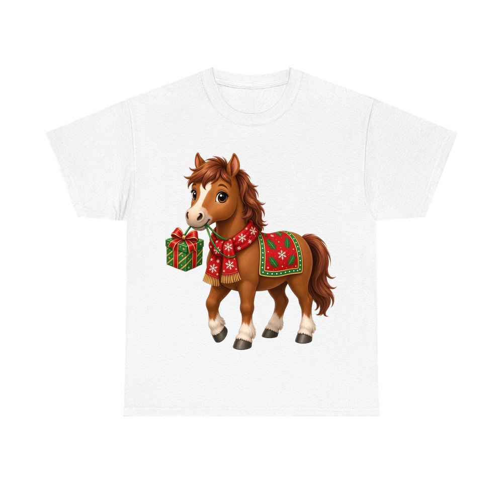 Christmas Pony with Present personalised Christmas T-shirt in white