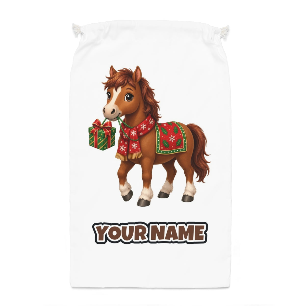 Christmas Pony with Present Santa sack laid flat, showing the full print