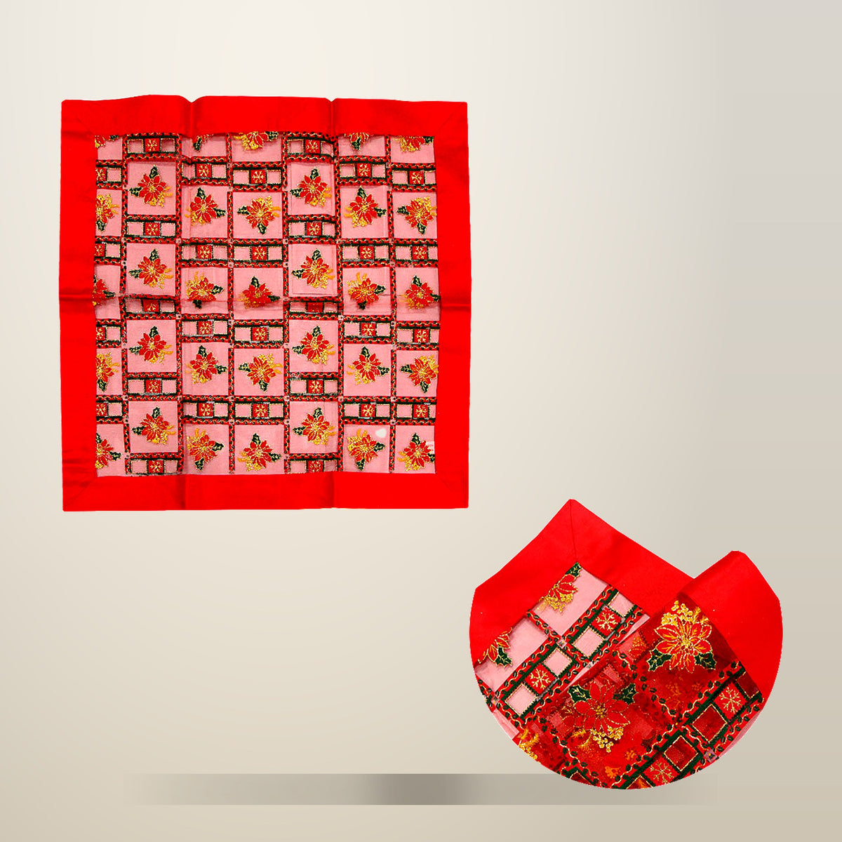 Red Festival Floral Organza Table Topper, 90 x 90 cm, on a plain cream background