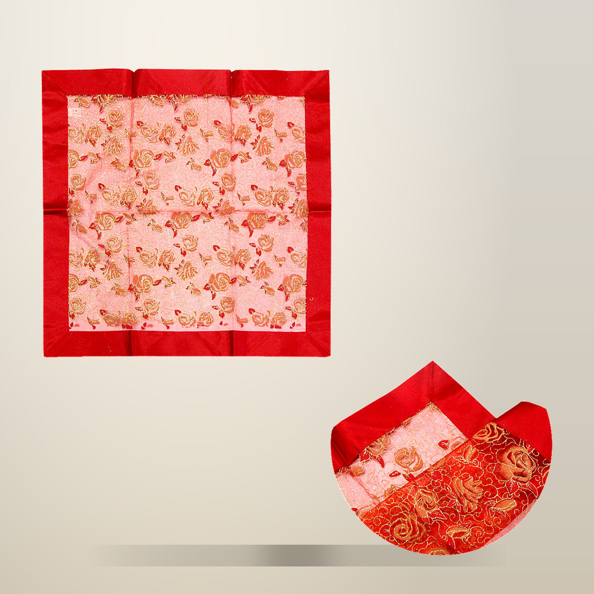 Red Rosie Sheer Organza Table Topper, 90 x 90 cm, on a plain cream background