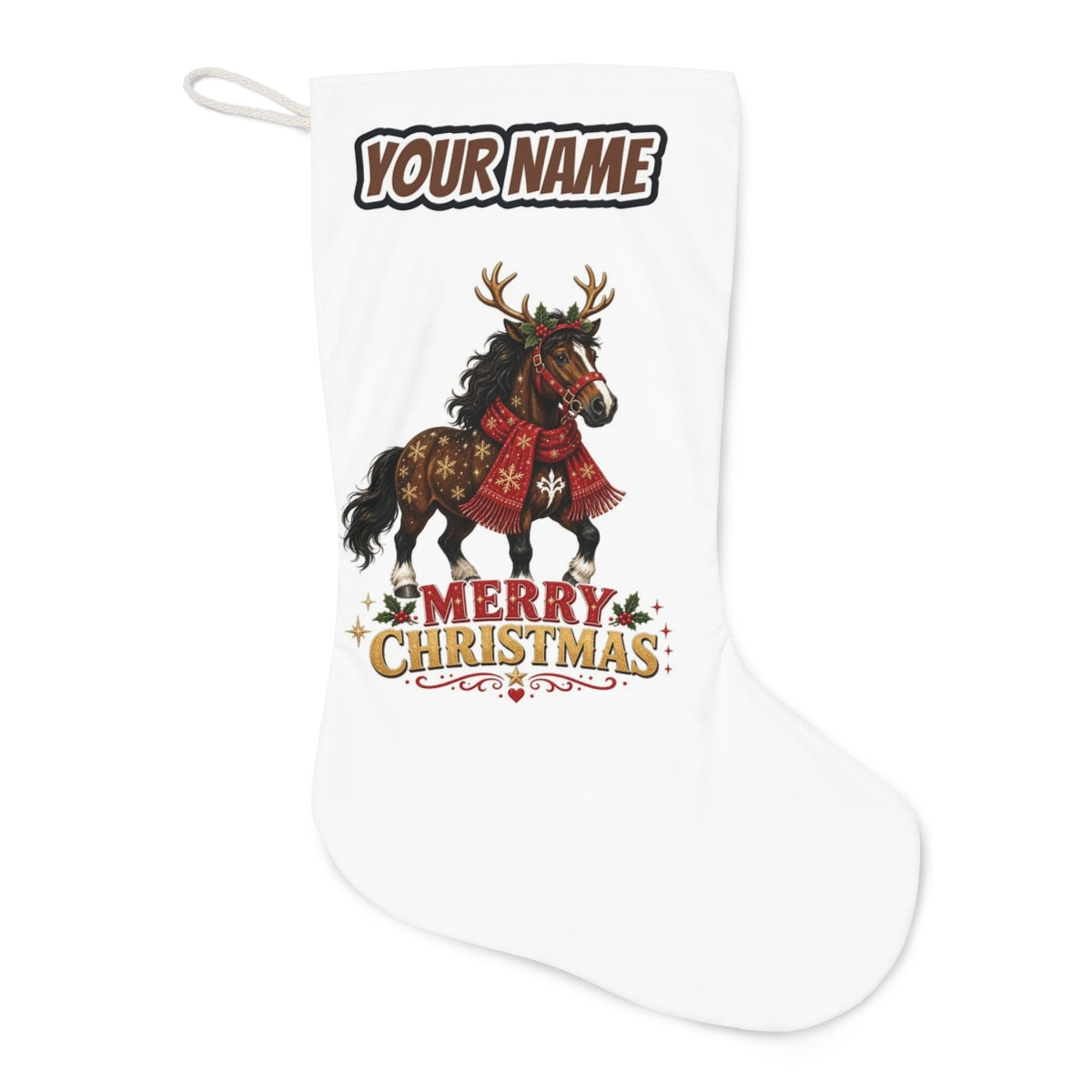 Christmas Reindeer Pony Christmas stocking laid flat, showing the full print