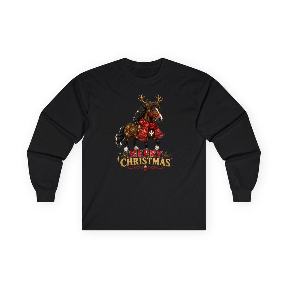 Christmas Reindeer Pony personalised long sleeve Christmas T-shirt in black