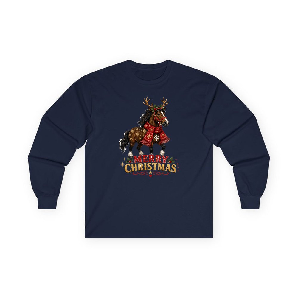 Christmas Reindeer Pony personalised long sleeve Christmas T-shirt in navy