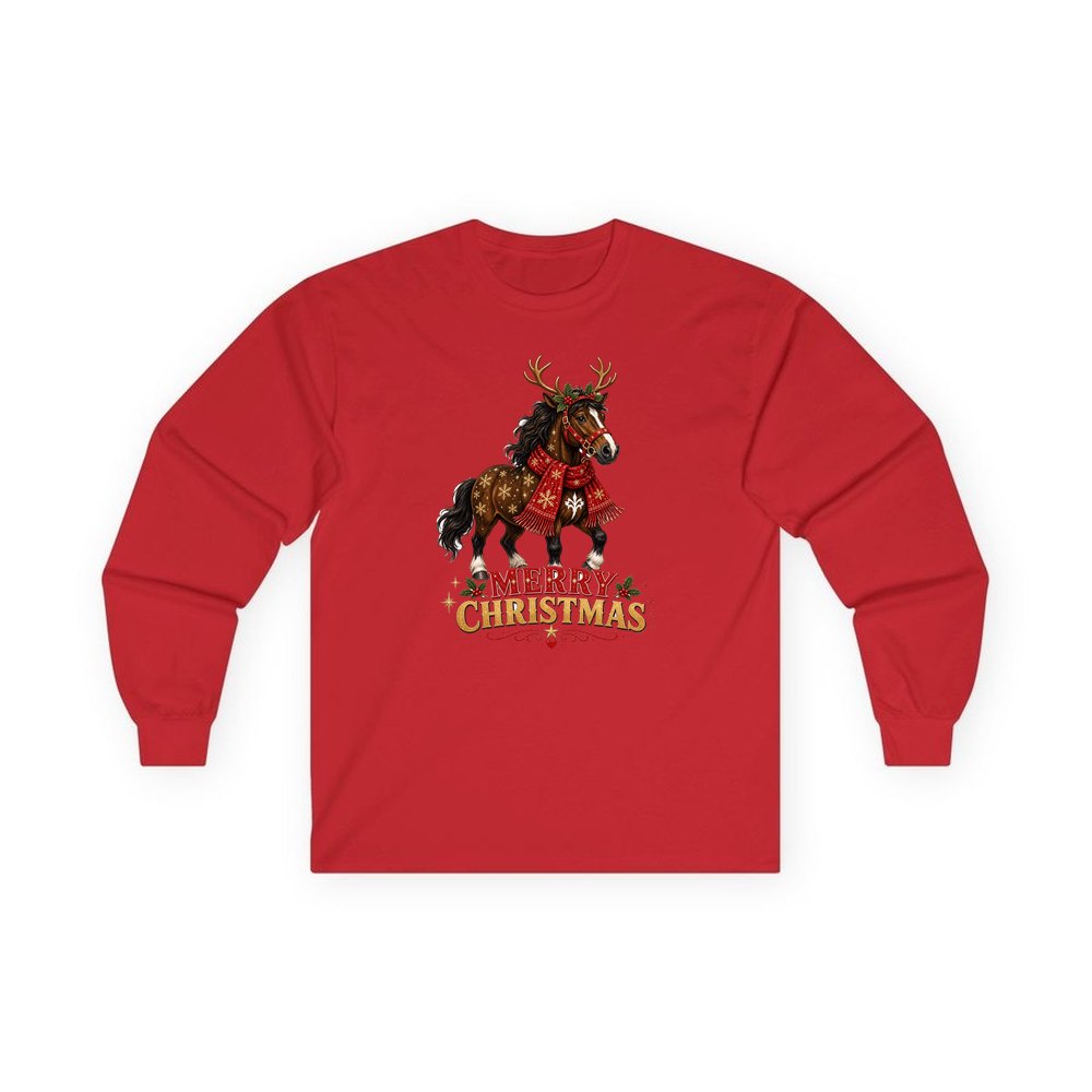 Christmas Reindeer Pony personalised long sleeve Christmas T-shirt in red