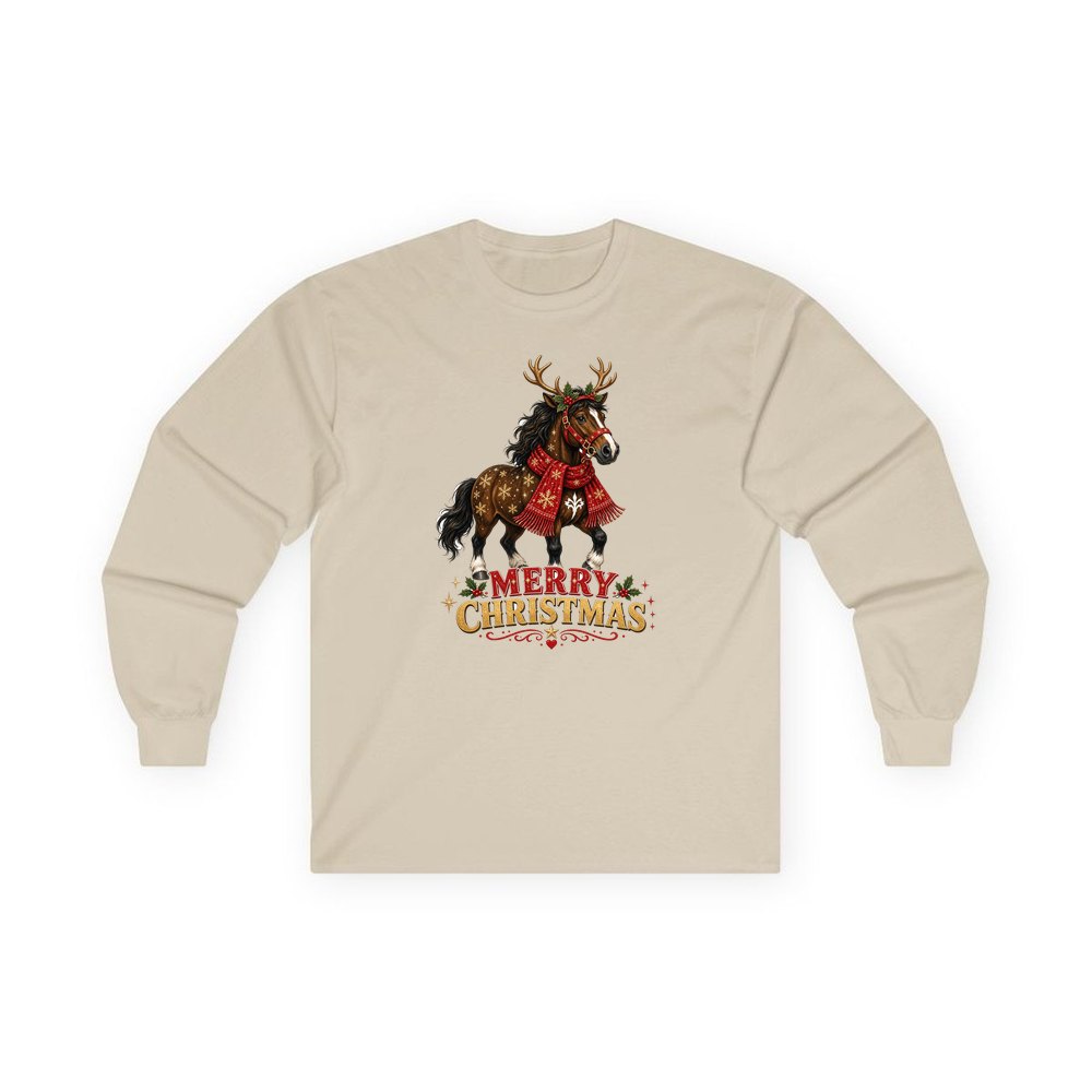 Christmas Reindeer Pony personalised long sleeve Christmas T-shirt in sand
