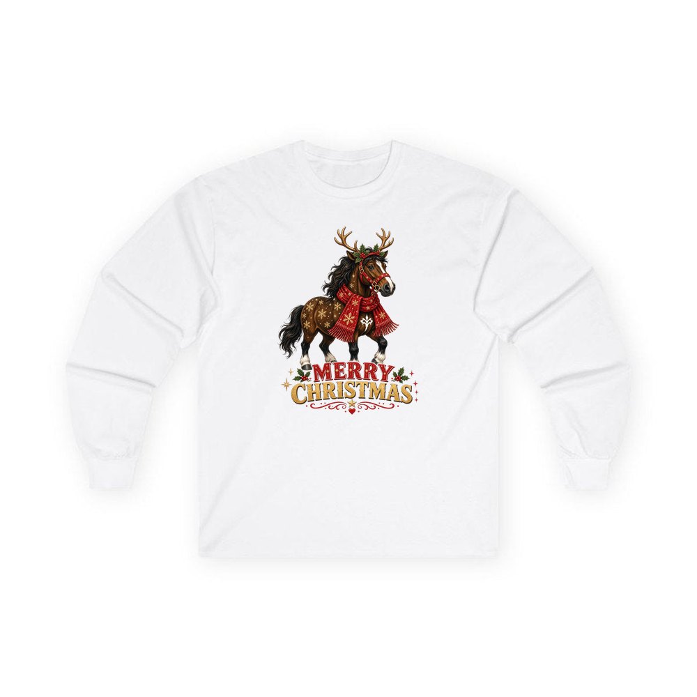 Christmas Reindeer Pony personalised long sleeve Christmas T-shirt in white