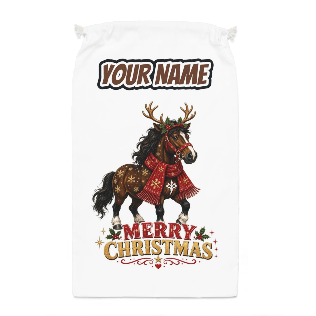Christmas Reindeer Pony Santa sack laid flat, showing the full print