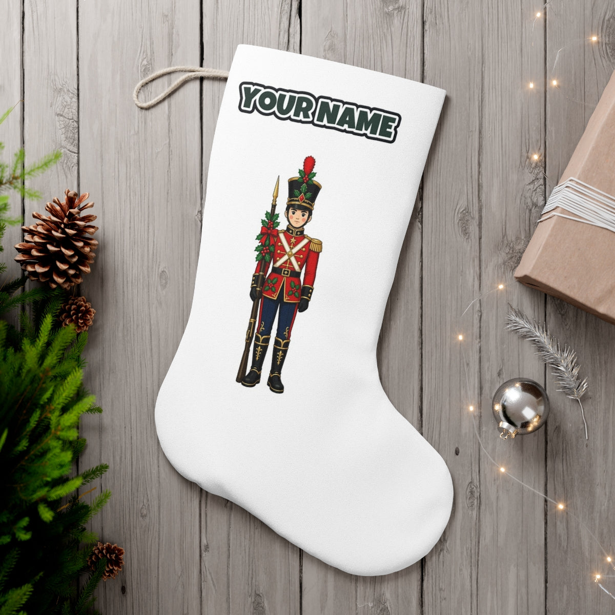 Christmas Toy Soldier personalised Christmas stocking, white, with the name across the top
