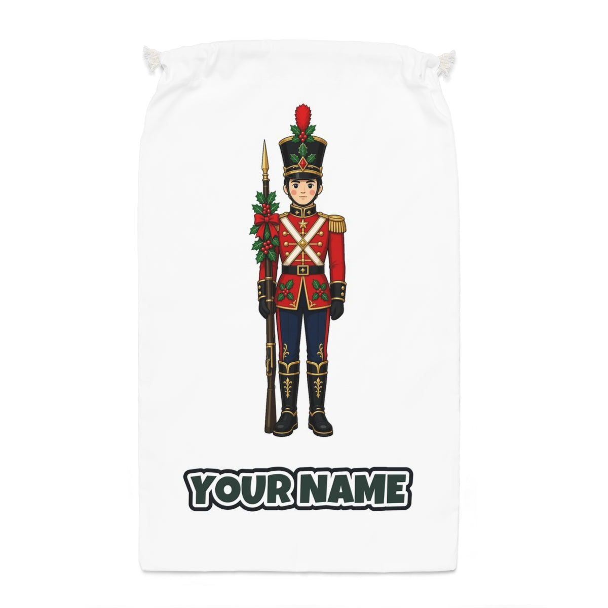 Christmas Toy Soldier Santa sack laid flat, showing the full print