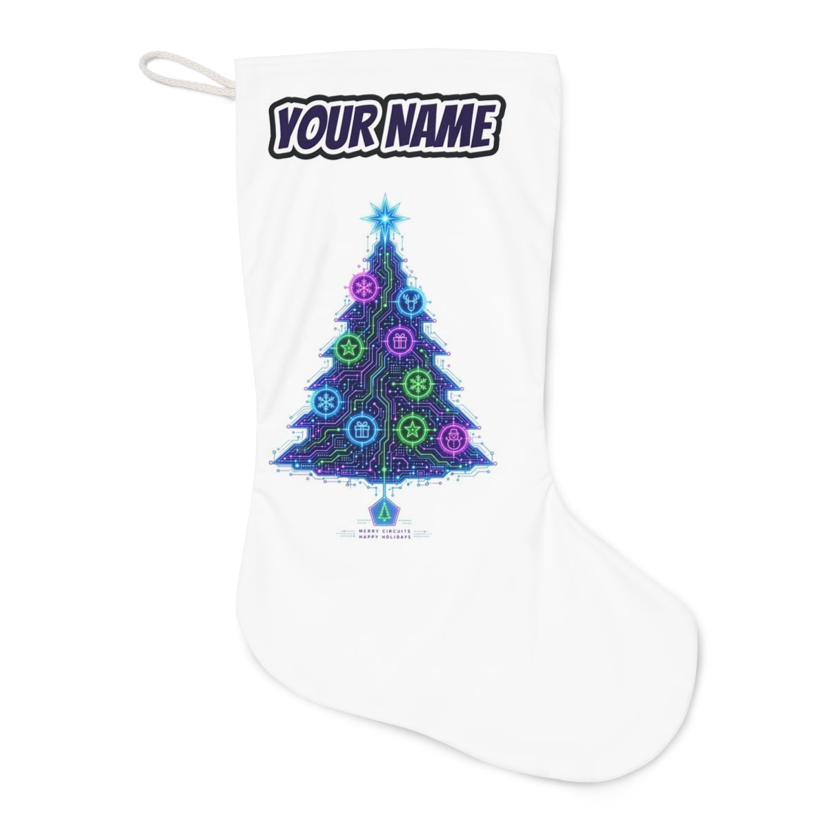 Circuit Board Christmas Tree Christmas stocking laid flat, showing the full print
