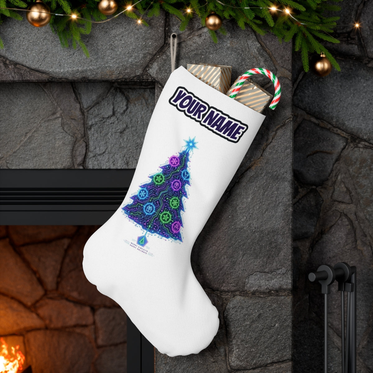 Circuit Board Christmas Tree personalised Christmas stocking hanging on a mantel