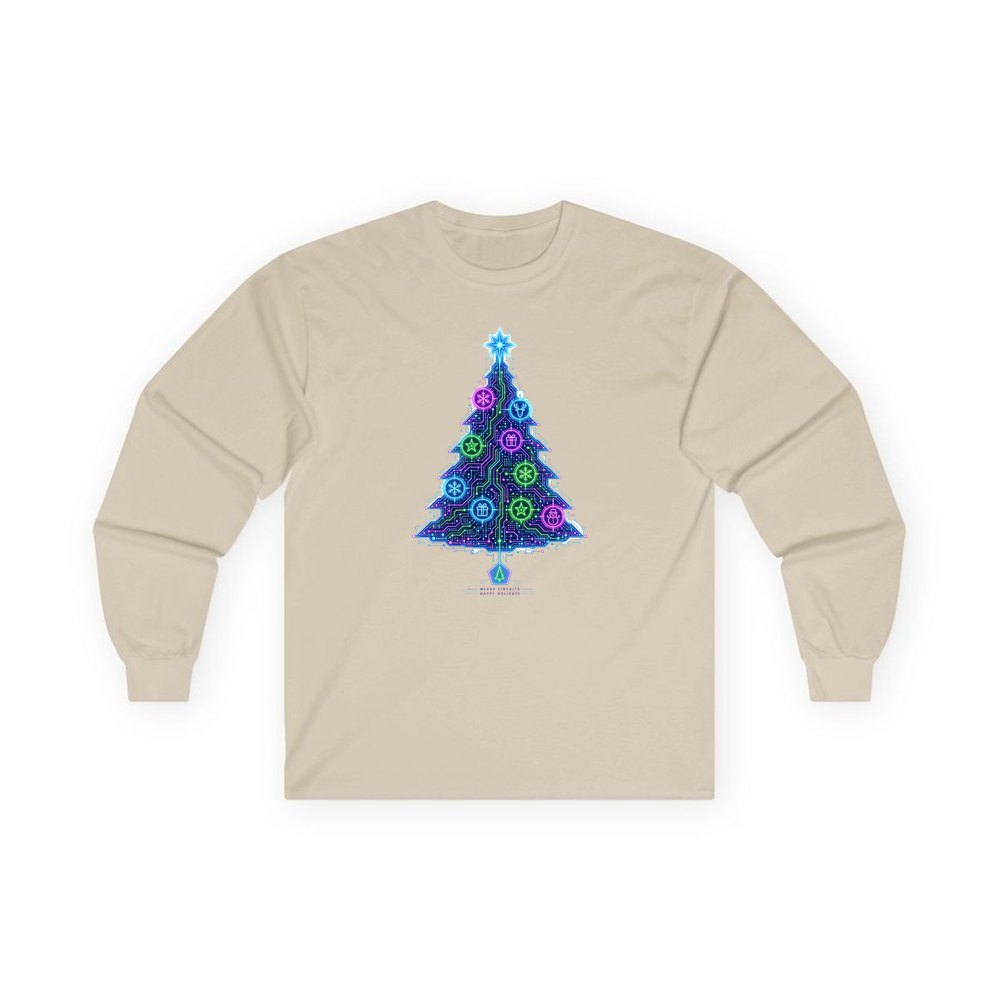 Circuit Board Christmas Tree personalised long sleeve Christmas T-shirt in sand