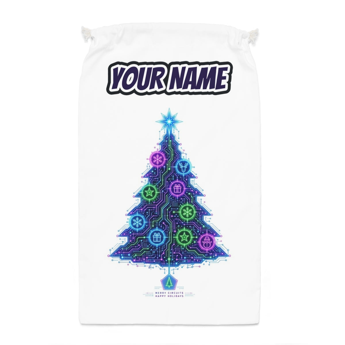 Circuit Board Christmas Tree Santa sack laid flat, showing the full print