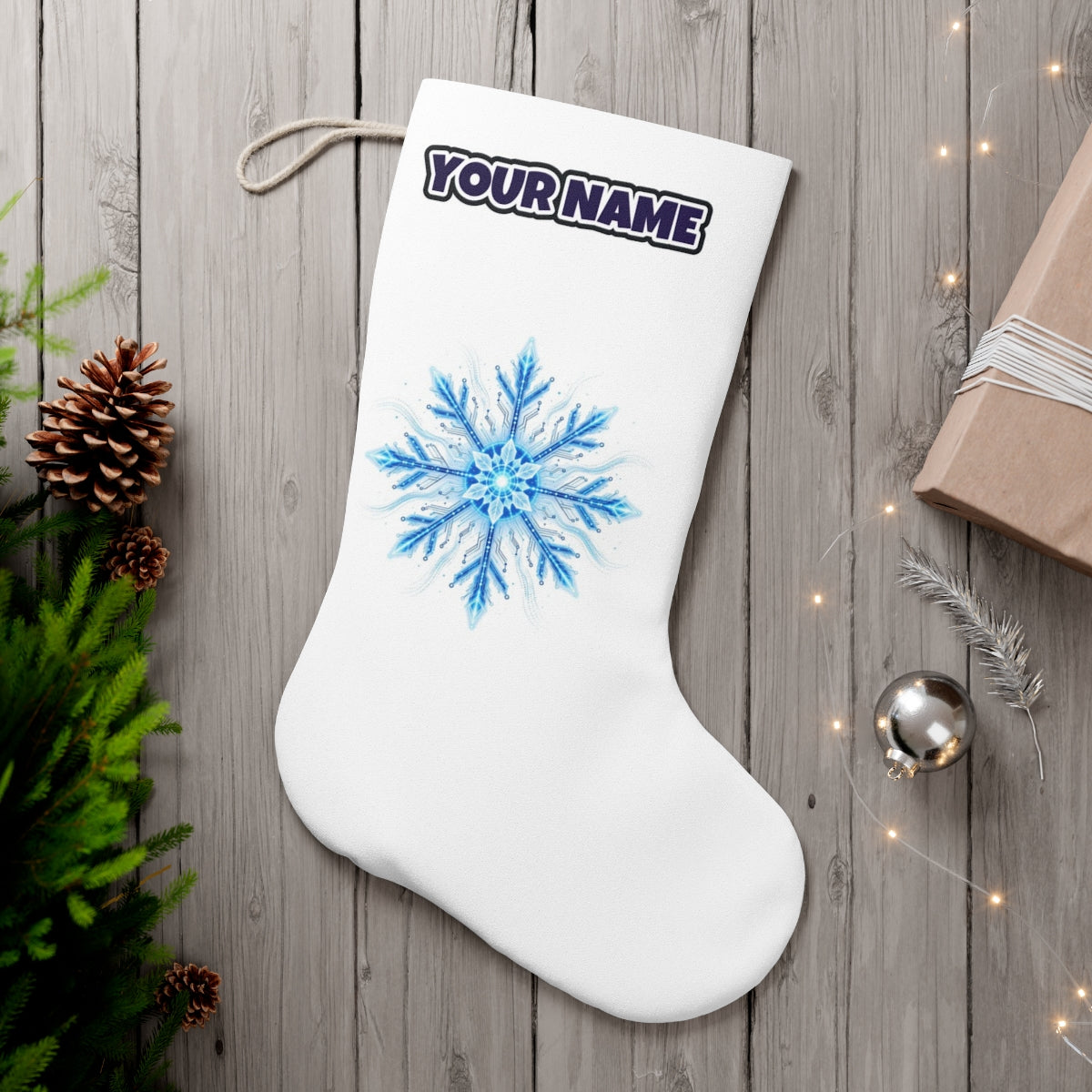 Circuit Board Snowflake personalised Christmas stocking, white, with the name across the top