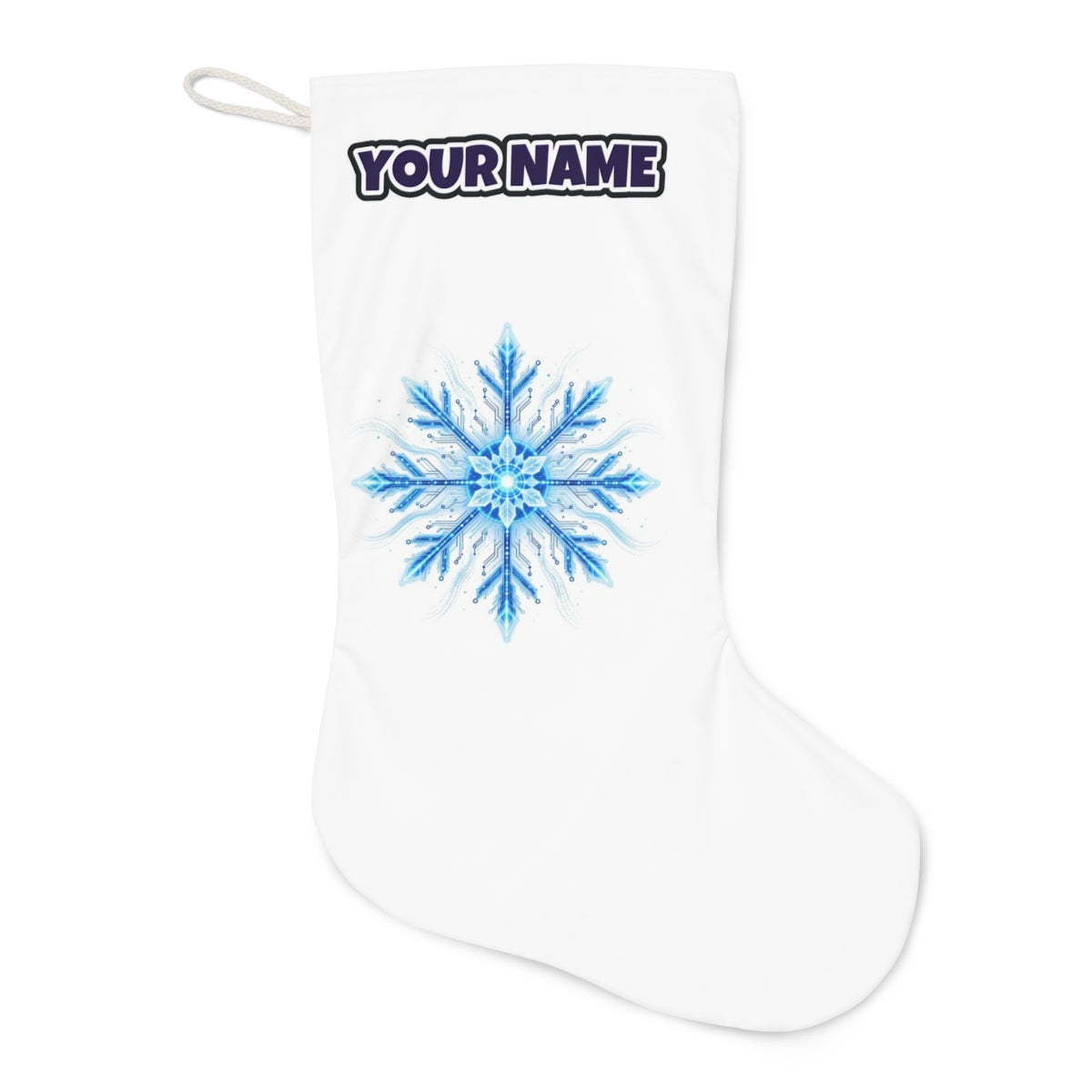 Circuit Board Snowflake Christmas stocking laid flat, showing the full print