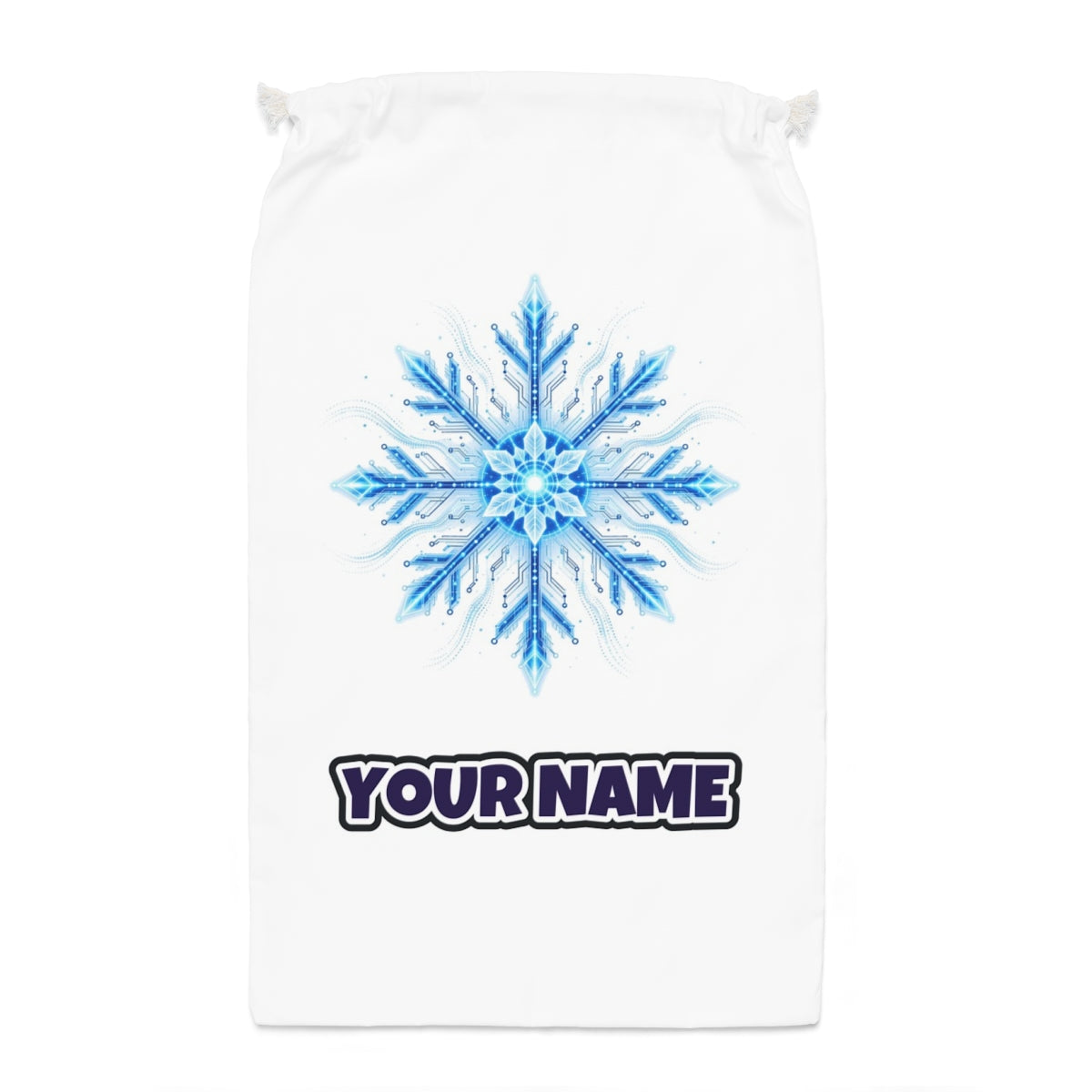 Circuit Board Snowflake Santa sack laid flat, showing the full print