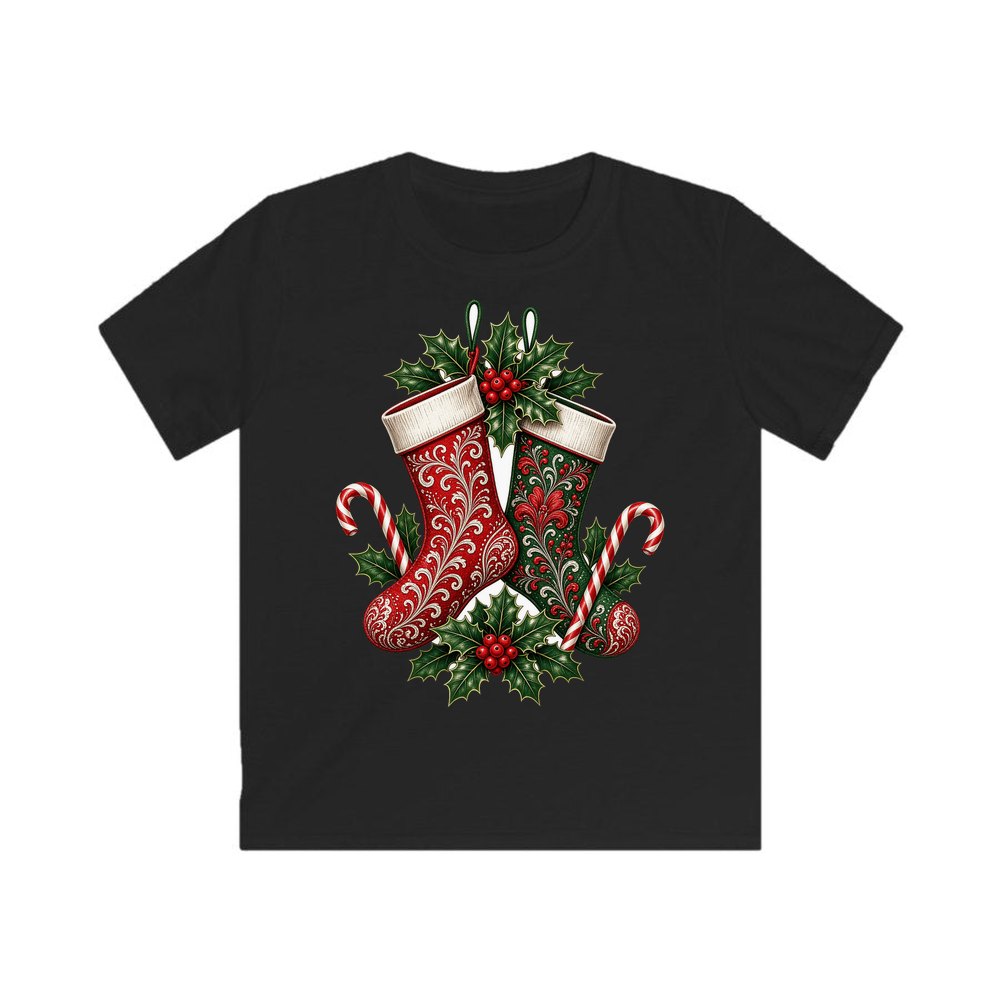 Classic Christmas Stockings Pair personalised kids Christmas tee in black