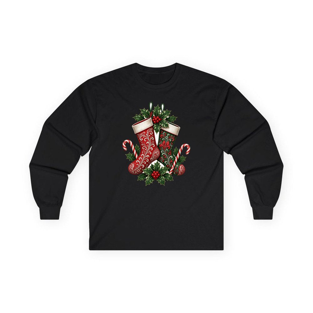 Classic Christmas Stockings Pair personalised long sleeve Christmas T-shirt in black