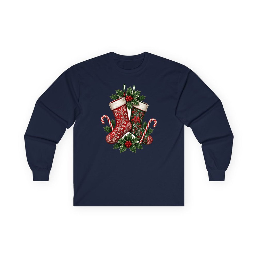 Classic Christmas Stockings Pair personalised long sleeve Christmas T-shirt in navy