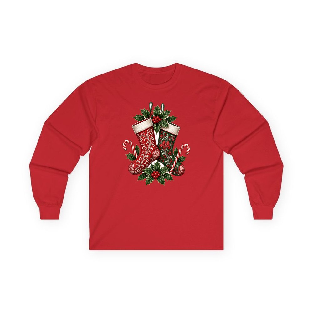 Classic Christmas Stockings Pair personalised long sleeve Christmas T-shirt in red