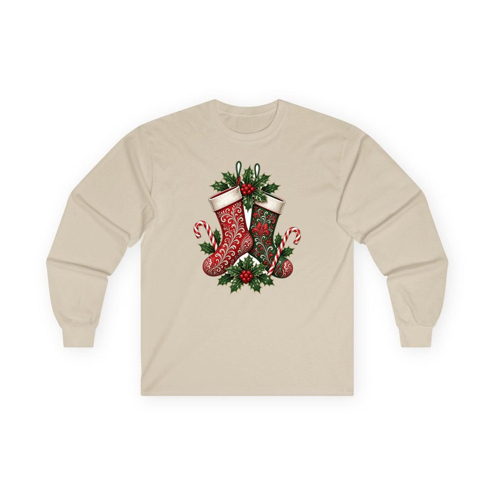 Classic Christmas Stockings Pair personalised long sleeve Christmas T-shirt in sand