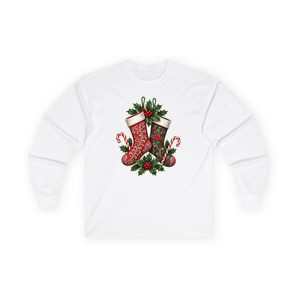 Classic Christmas Stockings Pair personalised long sleeve Christmas T-shirt in white