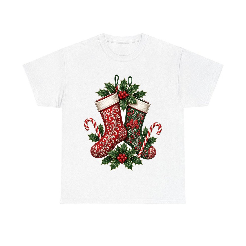 Classic Christmas Stockings Pair design on a white tee