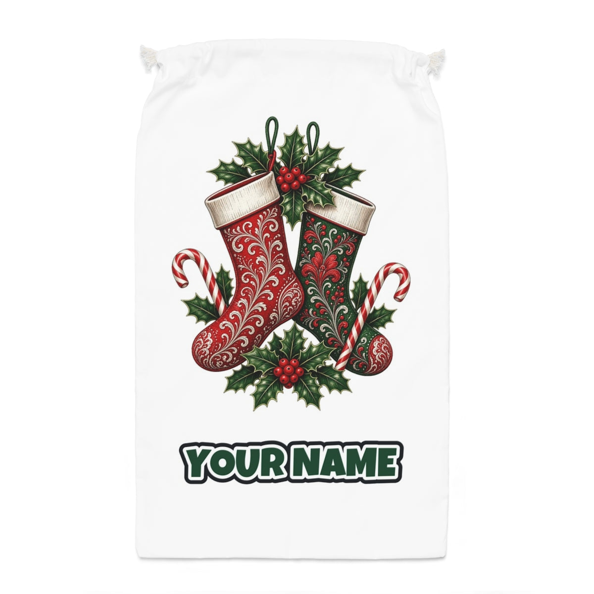 Classic Christmas Stockings Pair Santa sack laid flat, showing the full print
