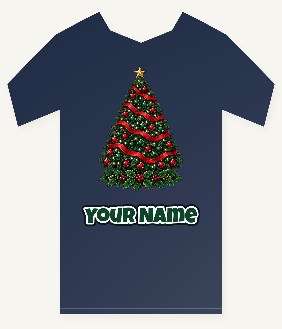 Classic Decorated Christmas Tree personalised kids Christmas tee with the design and a name printed on the front