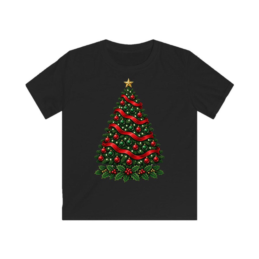 Classic Decorated Christmas Tree personalised kids Christmas tee in black