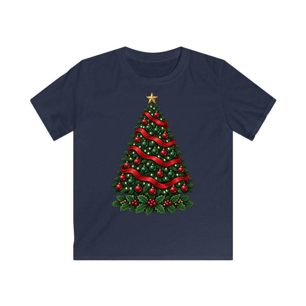 Classic Decorated Christmas Tree personalised kids Christmas tee in navy