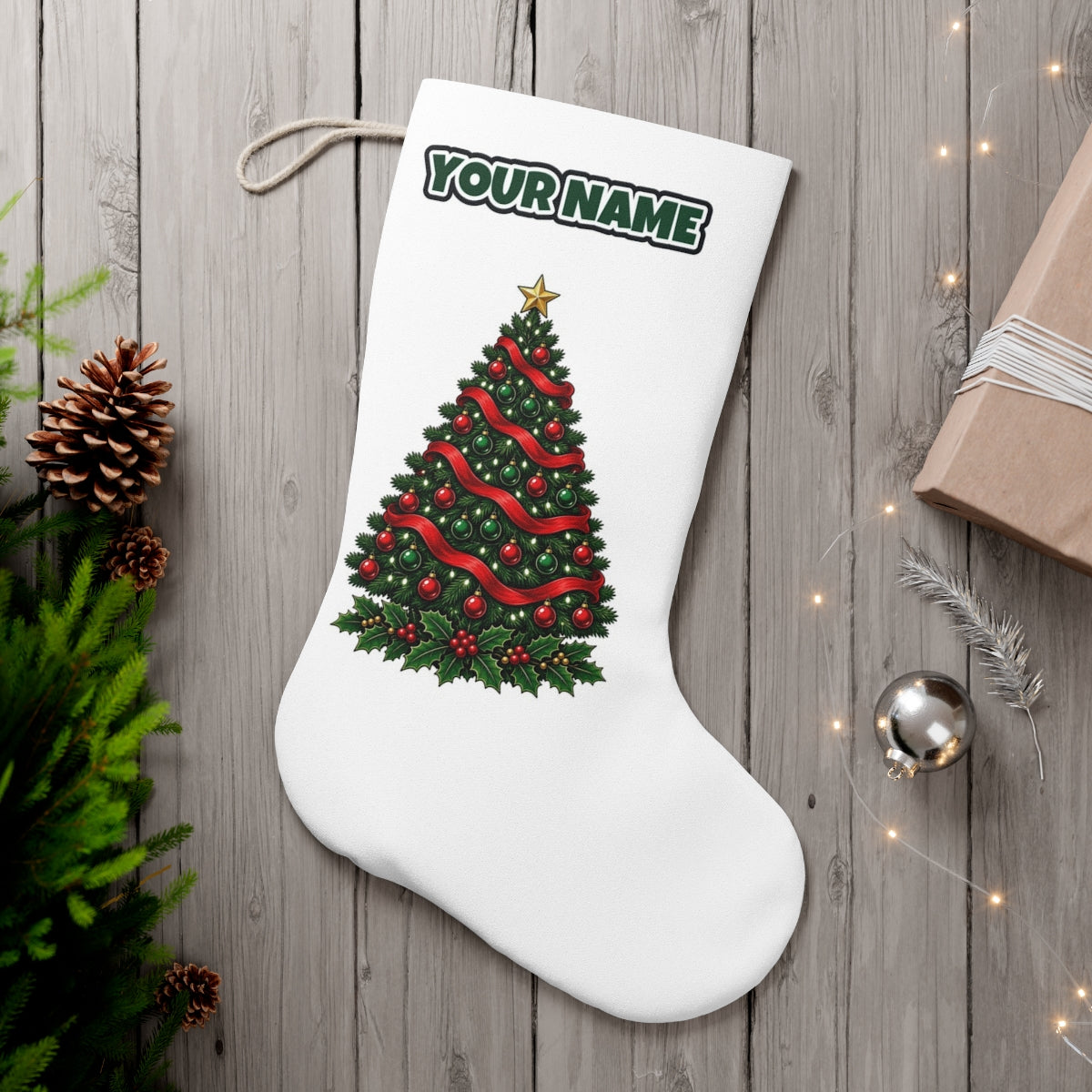 Classic Decorated Christmas Tree personalised Christmas stocking, white, with the name across the top