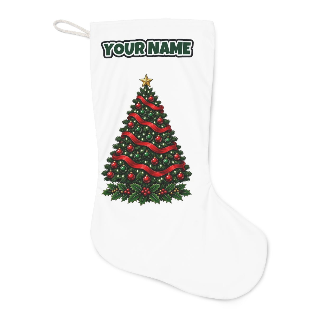 Classic Decorated Christmas Tree Christmas stocking laid flat, showing the full print