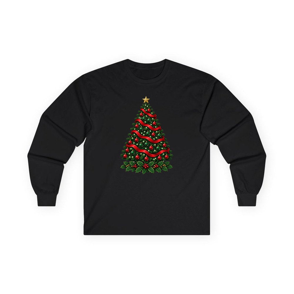 Classic Decorated Christmas Tree personalised long sleeve Christmas T-shirt in black